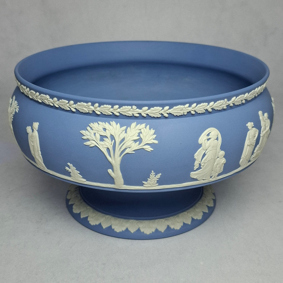 Vintage Wedgwood Blue Jasperware Pedestal Bowl with White Relief Decoration - 12.5cm
