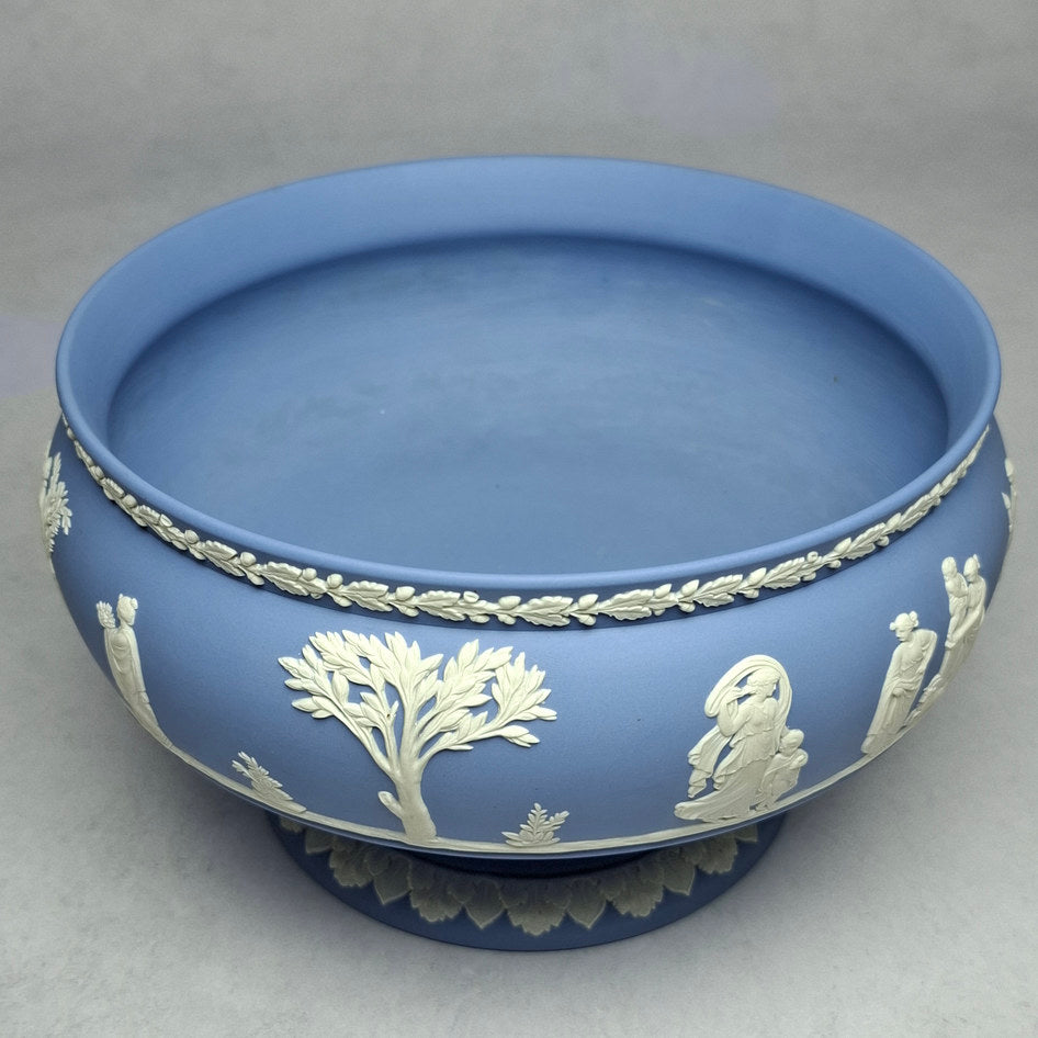 Vintage Wedgwood Blue Jasperware Pedestal Bowl with White Relief Decoration - 12.5cm