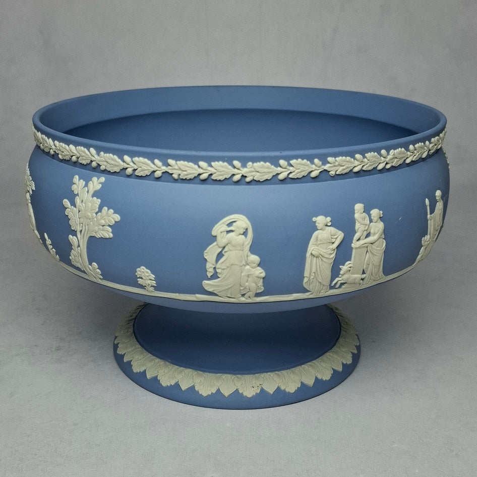 Vintage Wedgwood Blue Jasperware Pedestal Bowl with White Relief Decoration - 13.5cm