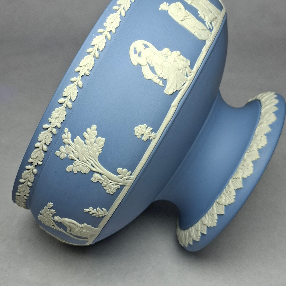 Vintage Wedgwood Blue Jasperware Pedestal Bowl with White Relief Decoration - 13.5cm