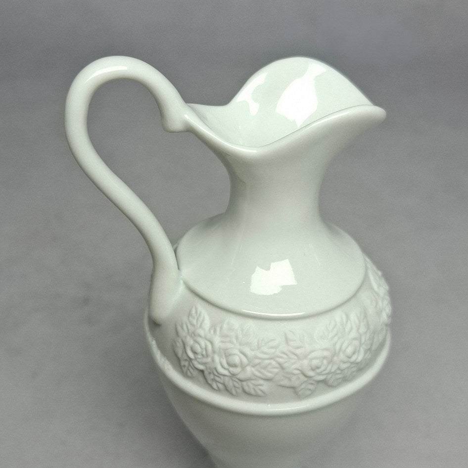 Vintage White Bone China Pitcher with Embossed Floral Band Design