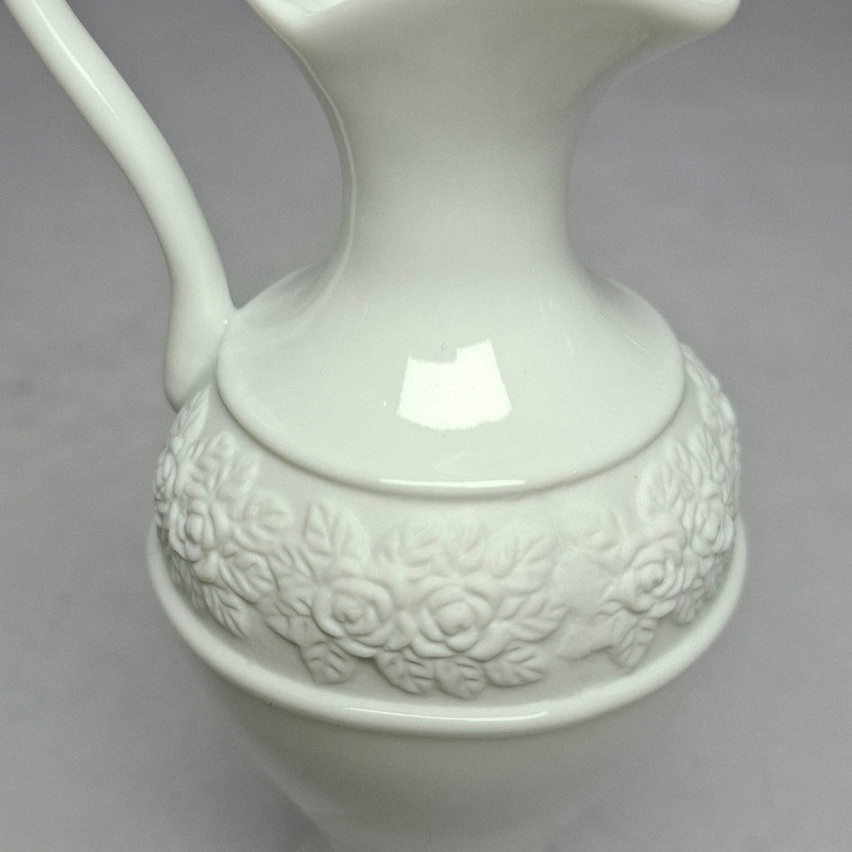 Vintage White Bone China Pitcher with Embossed Floral Band Design