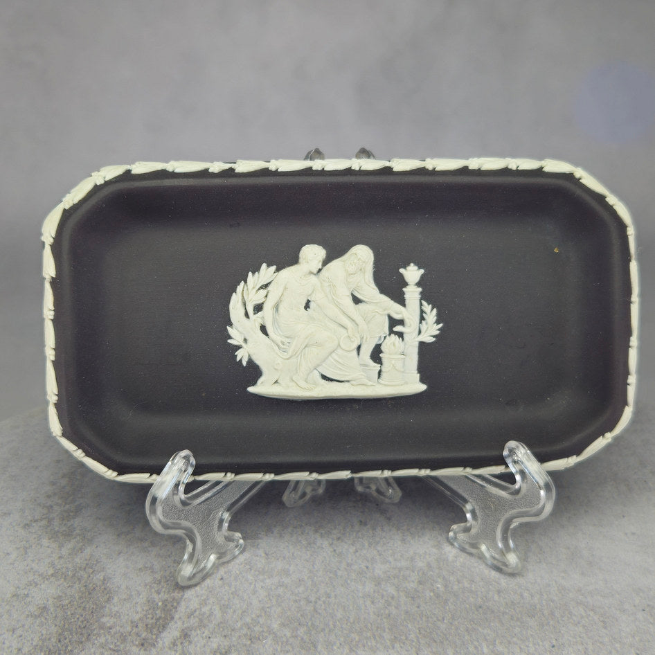 Wedgwood Black Jasperware Rectangular Neoclassical Relief Jewellery Dish