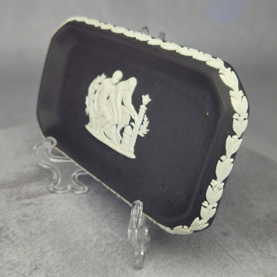 Wedgwood Black Jasperware Rectangular Neoclassical Relief Jewellery Dish