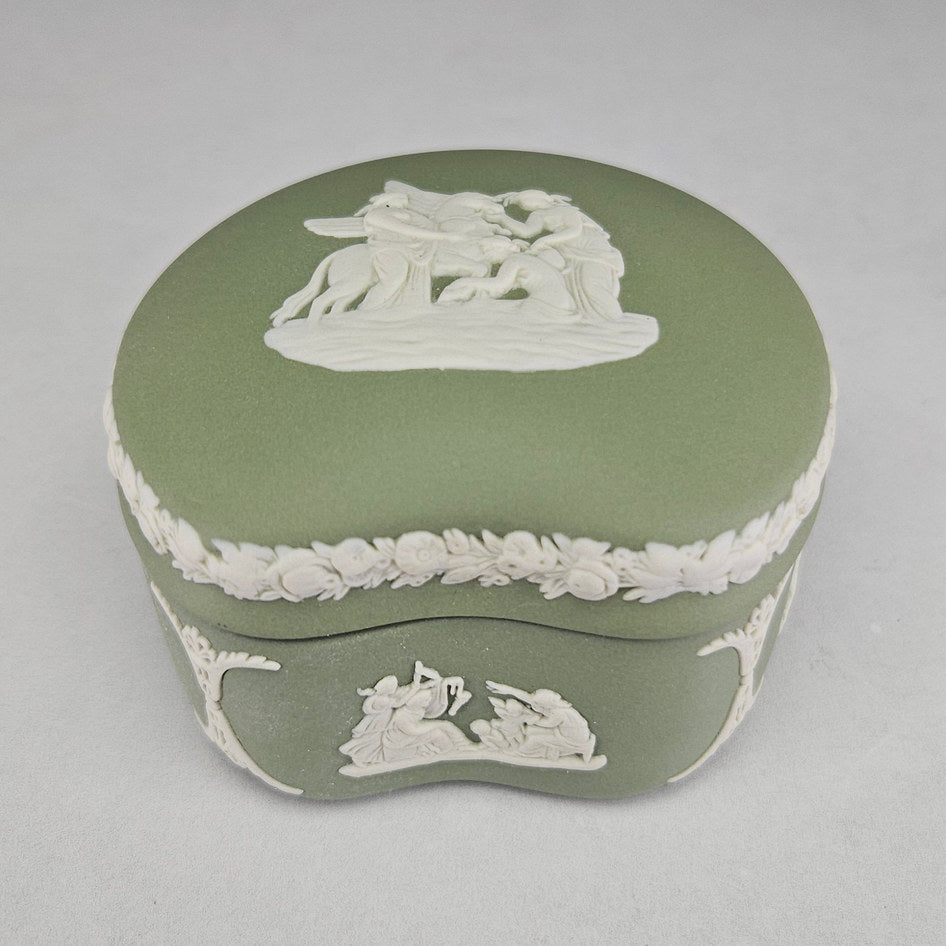 Wedgwood Sage Green Jasperware Kidney-Shaped Lidded Trinket Box