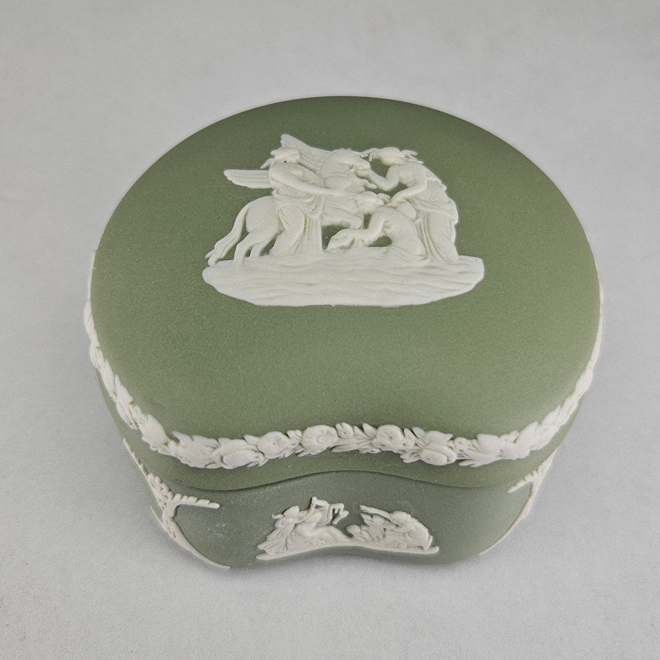 Wedgwood Sage Green Jasperware Kidney-Shaped Lidded Trinket Box